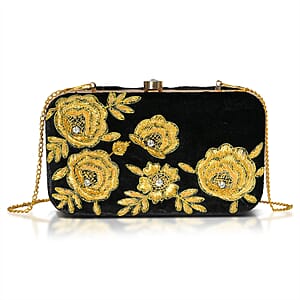 La Marey Black Velvet Bead Work Clutch Bag with Chain Strap