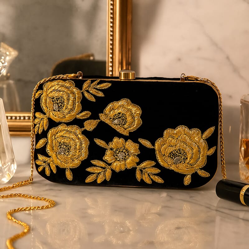 La Marey Black Velvet Bead Work Clutch Bag with Chain Strap