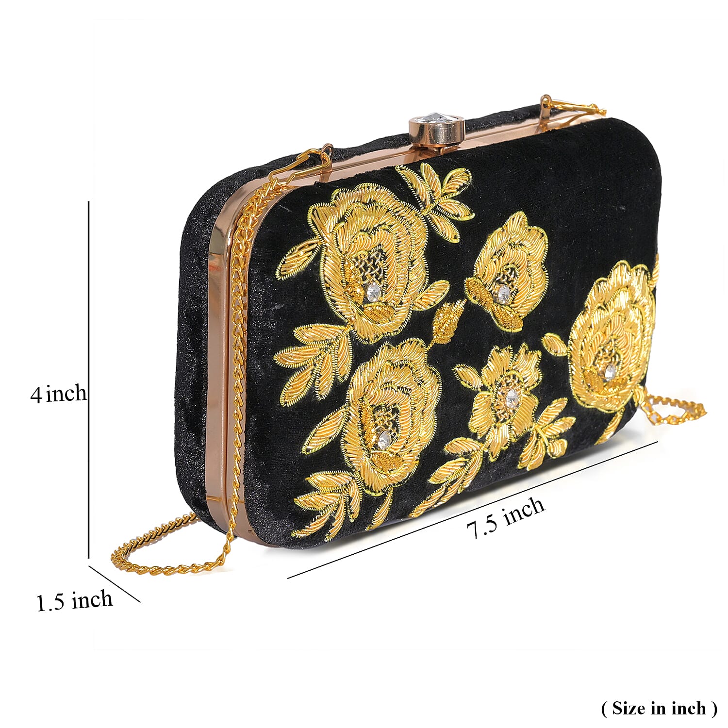 La Marey Black Velvet Bead Work Clutch Bag with Chain Strap