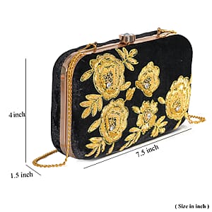 La Marey Black Velvet Bead Work Clutch Bag with Chain Strap