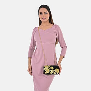 La Marey Black Velvet Bead Work Clutch Bag with Chain Strap