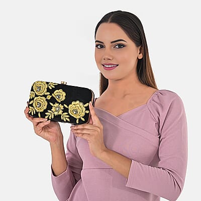 La Marey Black Velvet Bead Work Clutch Bag with Chain Strap