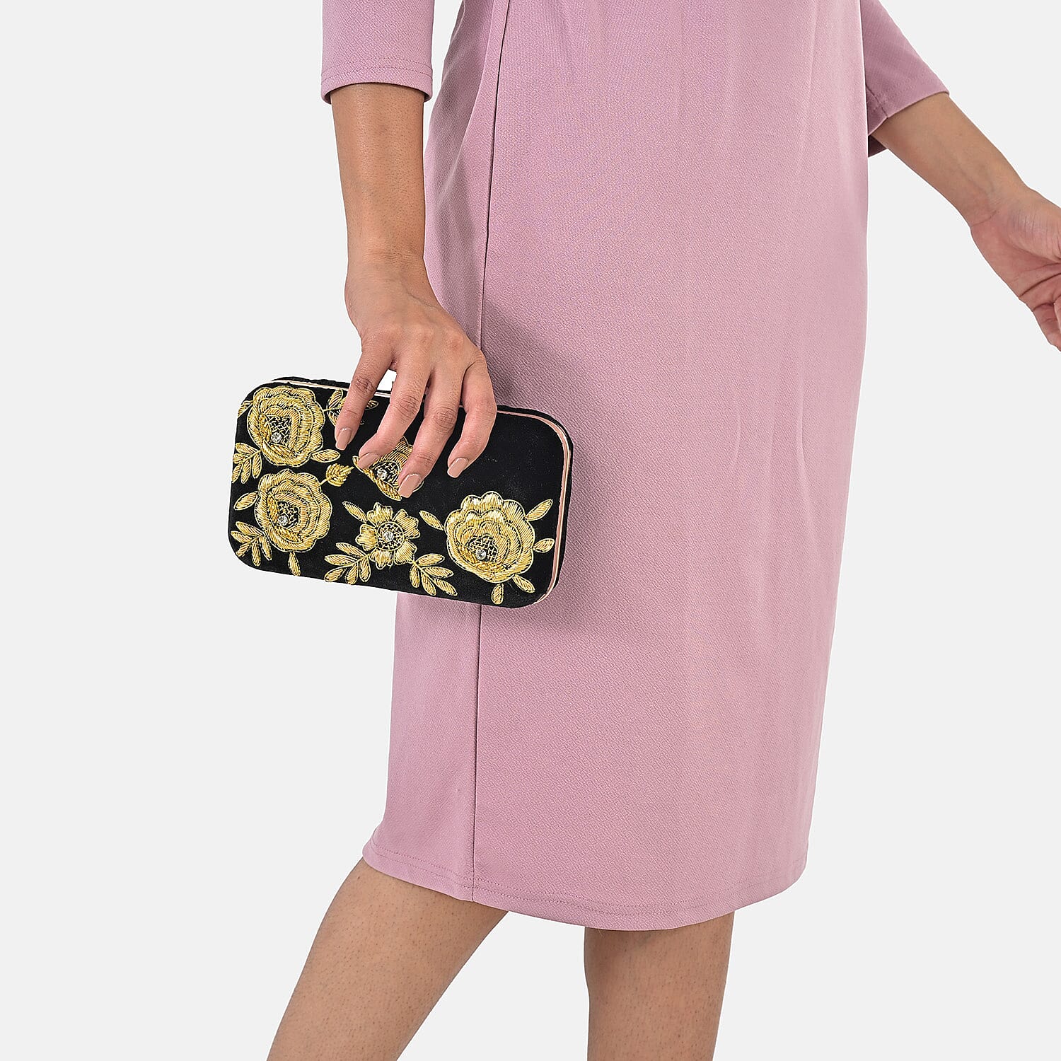 La Marey Black Velvet Bead Work Clutch Bag with Chain Strap