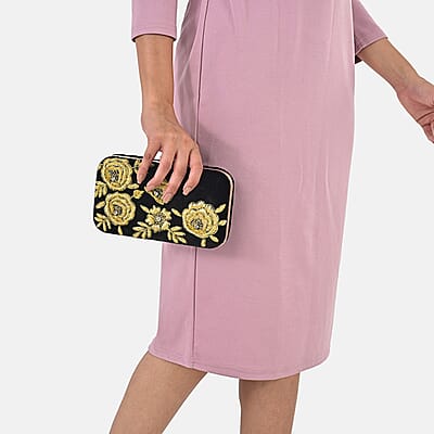 La Marey Black Velvet Bead Work Clutch Bag with Chain Strap