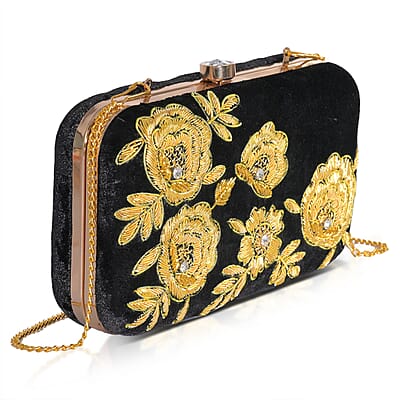 La Marey Black Velvet Bead Work Clutch Bag with Chain Strap