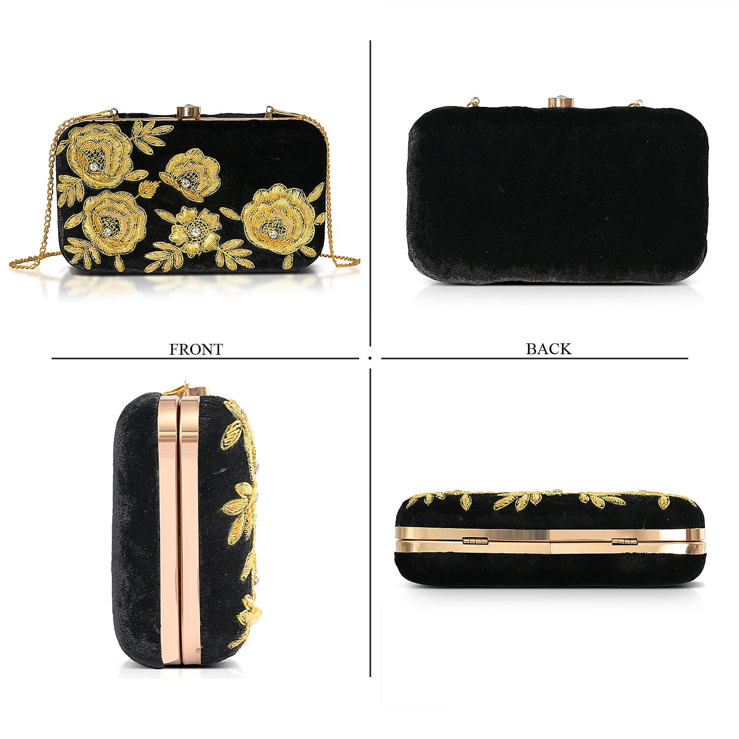 La Marey Black Velvet Bead Work Clutch Bag with Chain Strap