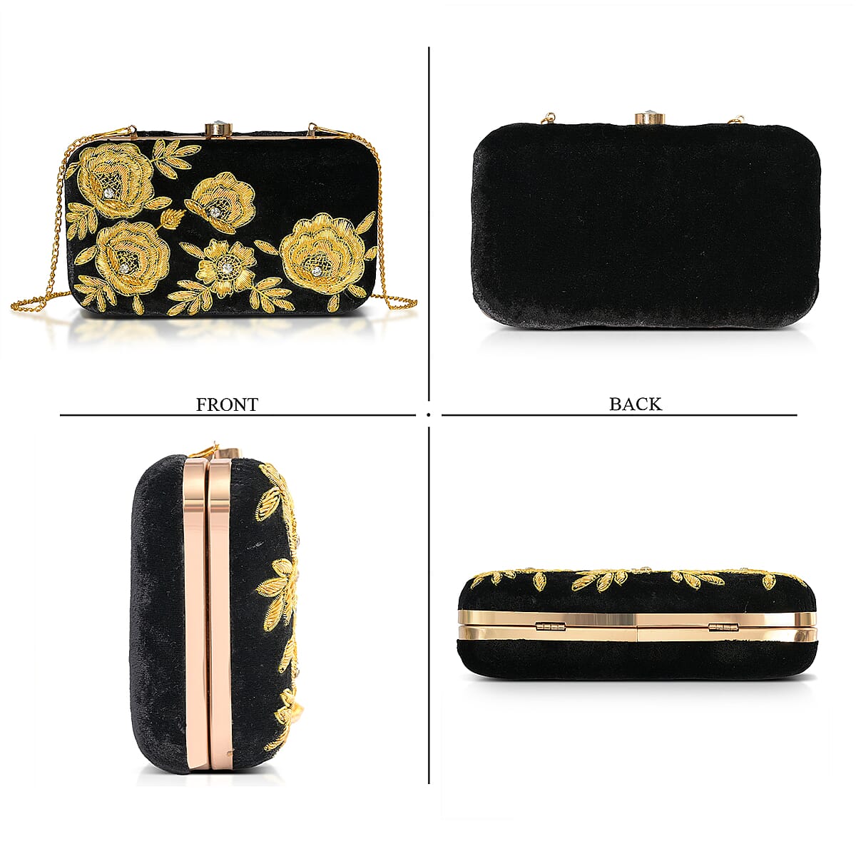 La Marey Black Velvet Bead Work Clutch Bag with Chain Strap image number 7