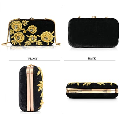 La Marey Black Velvet Bead Work Clutch Bag with Chain Strap