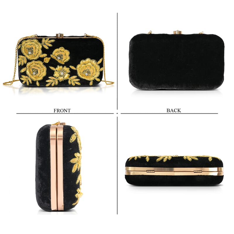 La Marey Black Velvet Bead Work Clutch Bag with Chain Strap