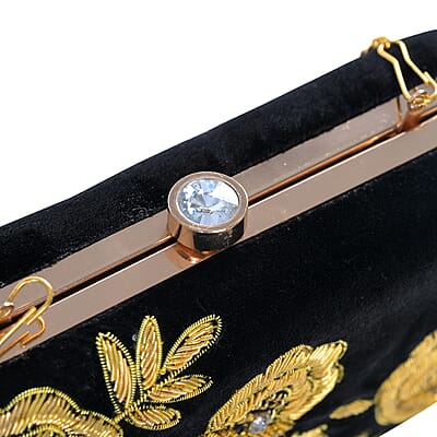La Marey Black Velvet Bead Work Clutch Bag with Chain Strap