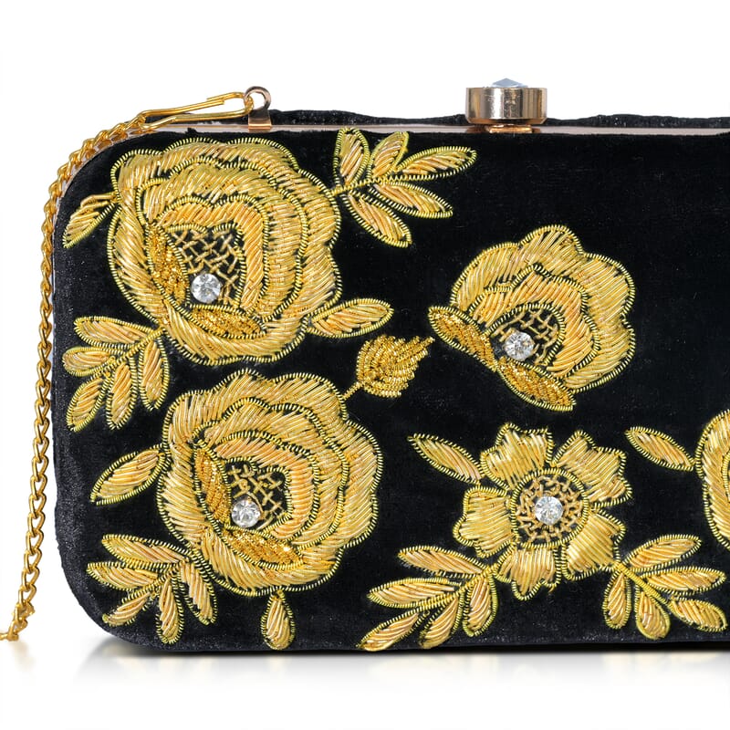 La Marey Black Velvet Bead Work Clutch Bag with Chain Strap