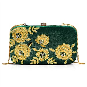 La Marey Green Velvet Bead Work Clutch Bag with Chain Strap