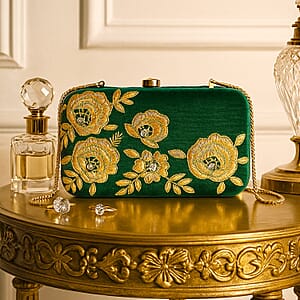 La Marey Green Velvet Bead Work Clutch Bag with Chain Strap