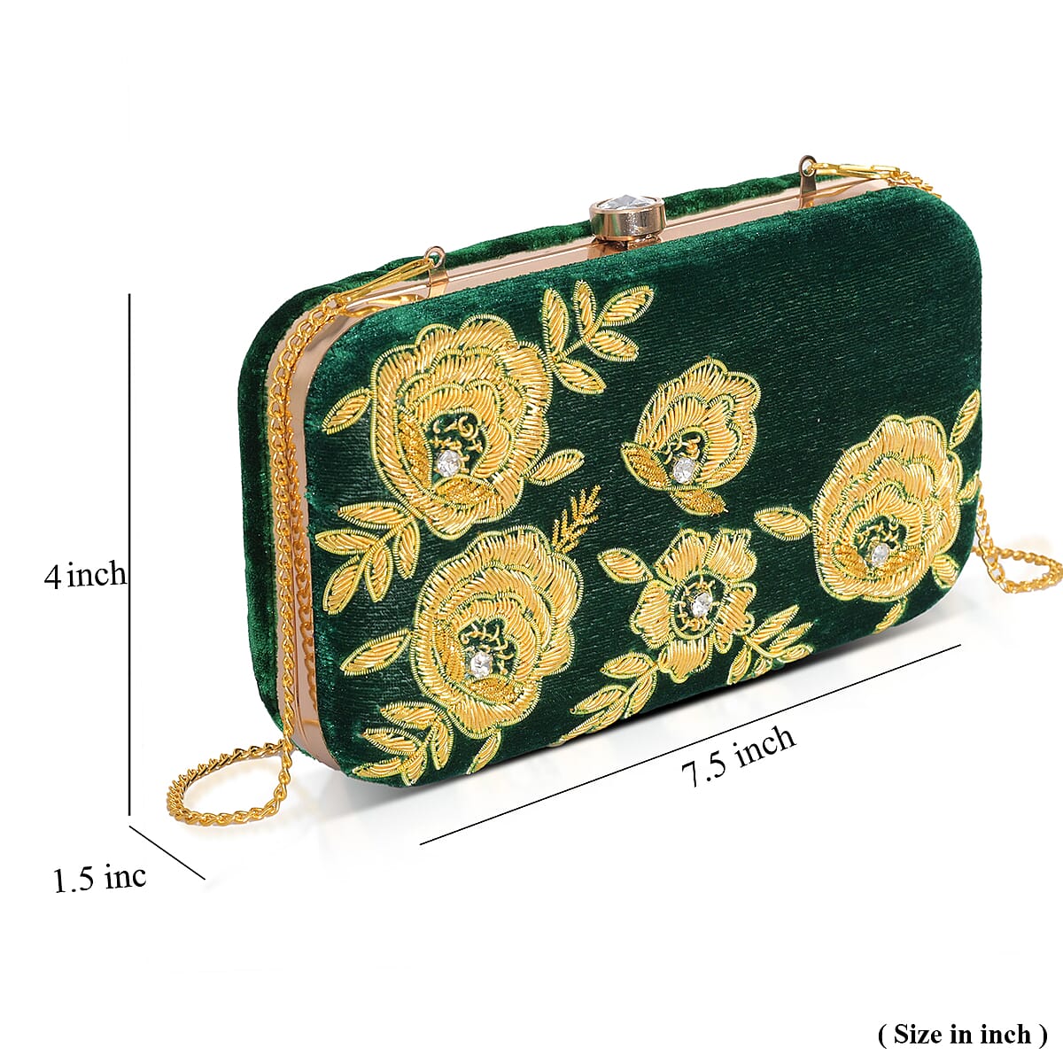 La Marey Green Velvet Bead Work Clutch Bag with Chain Strap image number 2