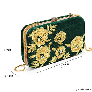 La Marey Green Velvet Bead Work Clutch Bag with Chain Strap