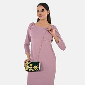 La Marey Green Velvet Bead Work Clutch Bag with Chain Strap