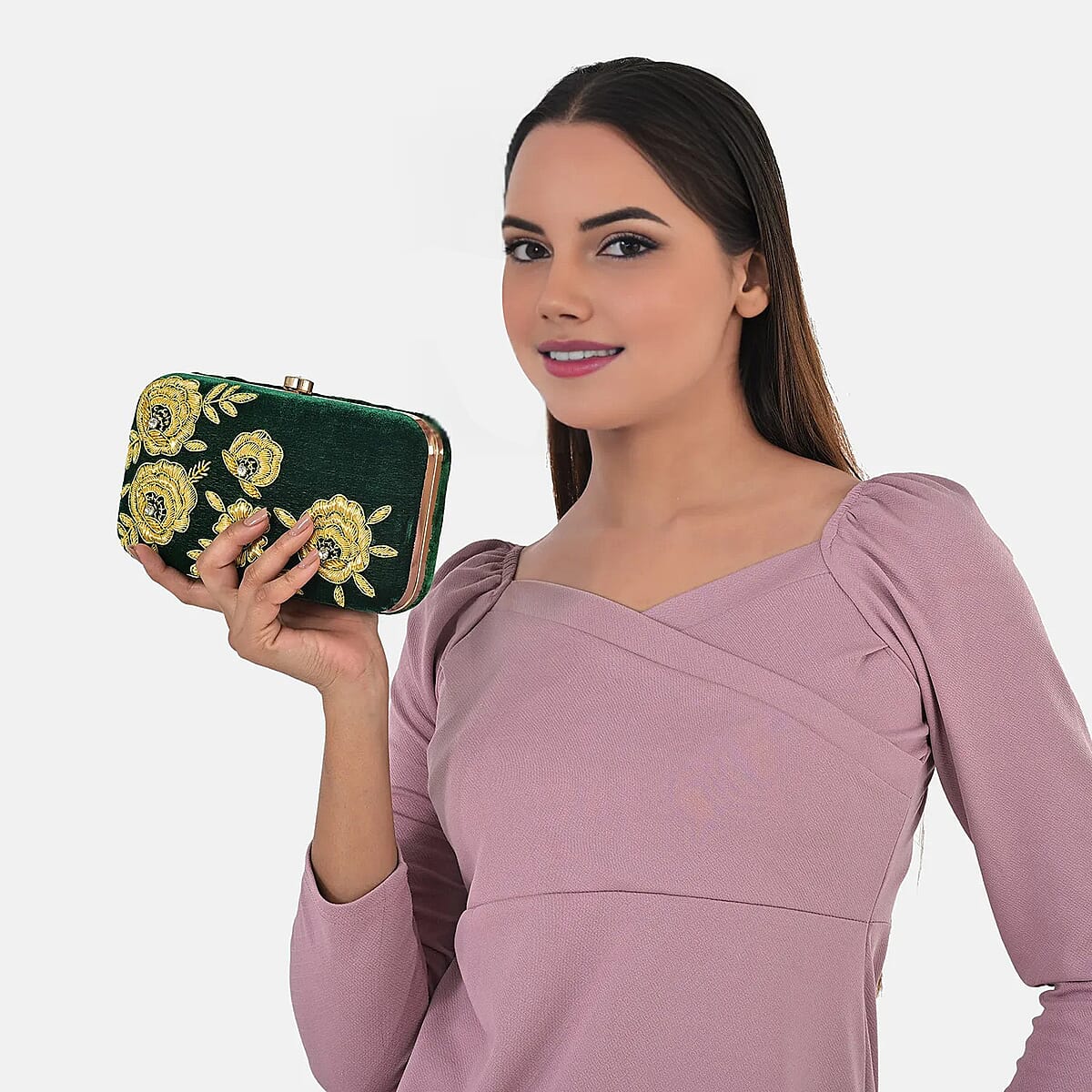 La Marey Green Velvet Bead Work Clutch Bag with Chain Strap image number 4