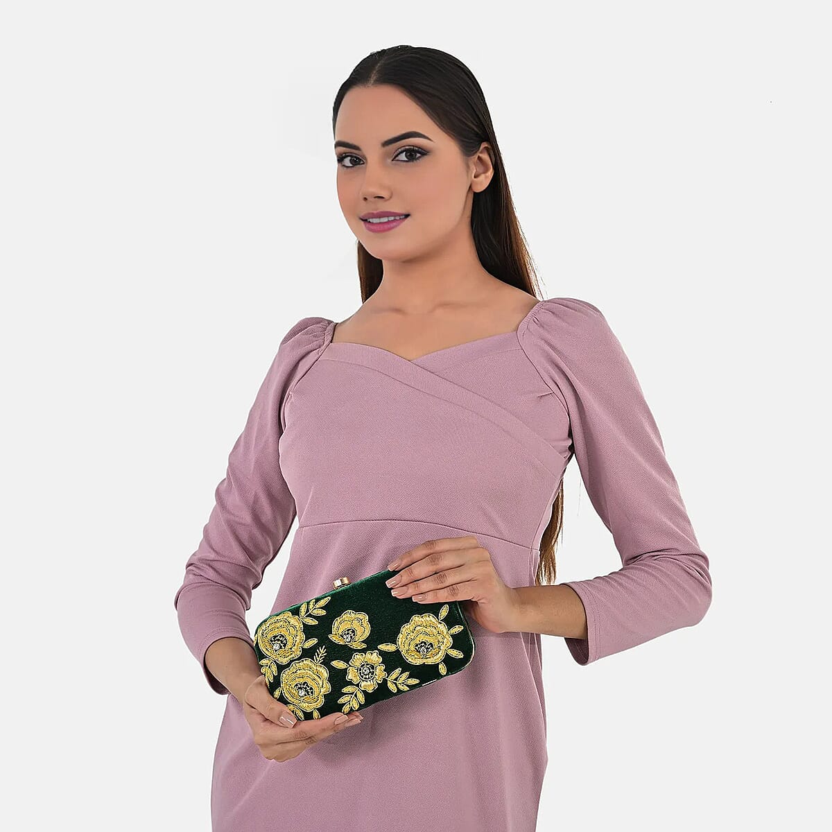 La Marey Green Velvet Bead Work Clutch Bag with Chain Strap image number 5