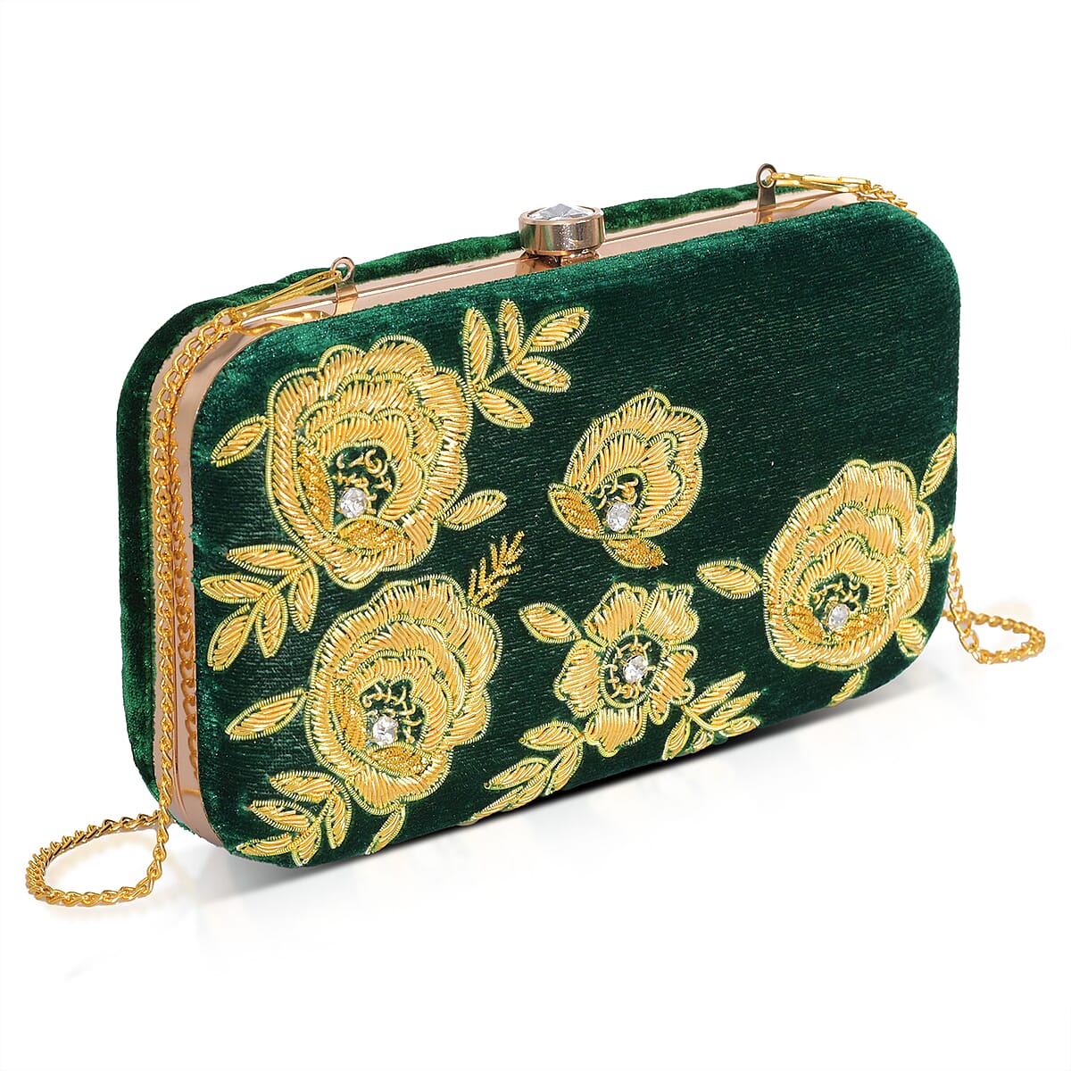 La Marey Green Velvet Bead Work Clutch Bag with Chain Strap image number 6