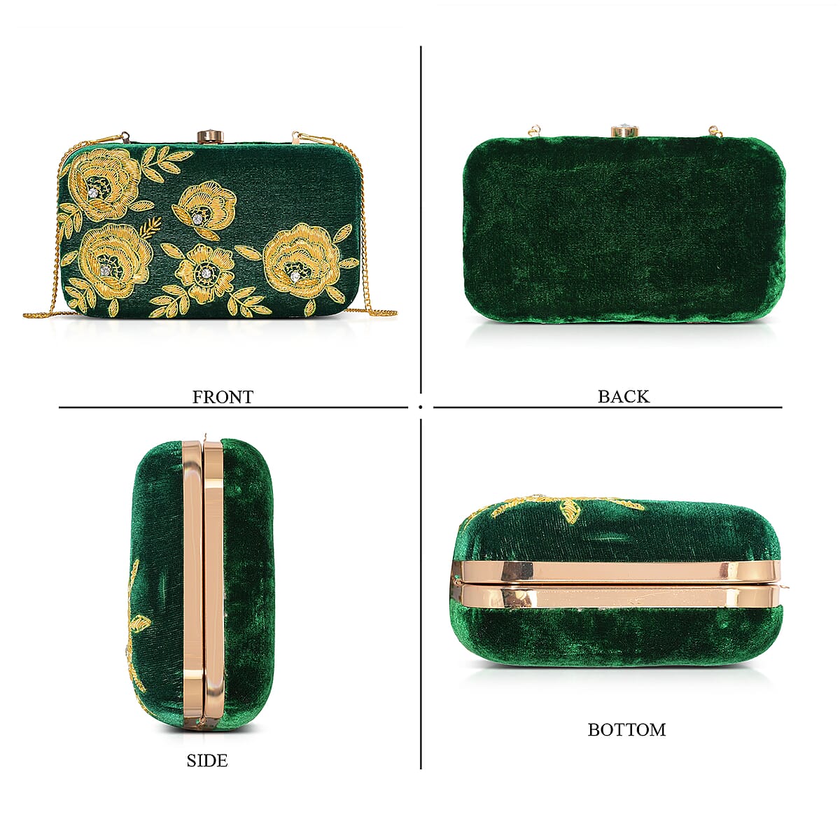 La Marey Green Velvet Bead Work Clutch Bag with Chain Strap image number 7