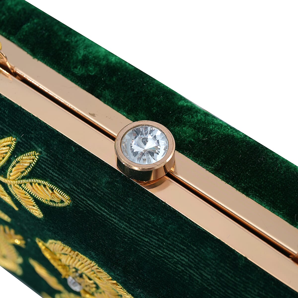 La Marey Green Velvet Bead Work Clutch Bag with Chain Strap image number 8