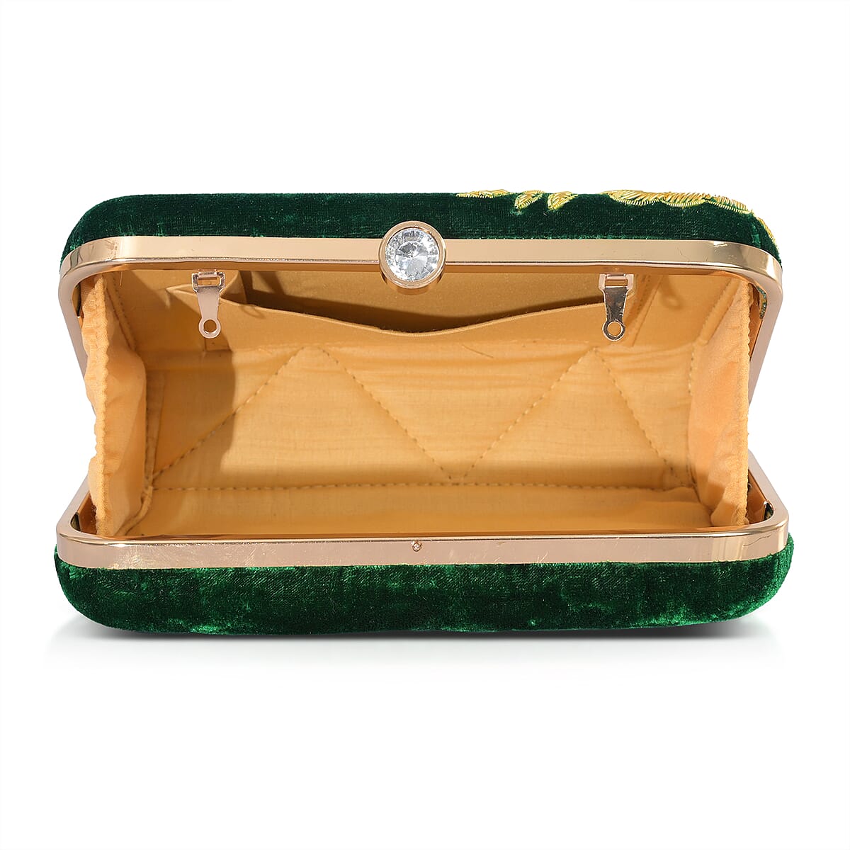 La Marey Green Velvet Bead Work Clutch Bag with Chain Strap image number 10