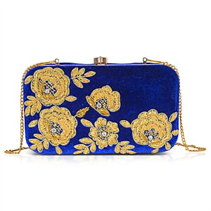 La Marey Royal Blue Velvet Bead Work Clutch Bag with Chain Strap