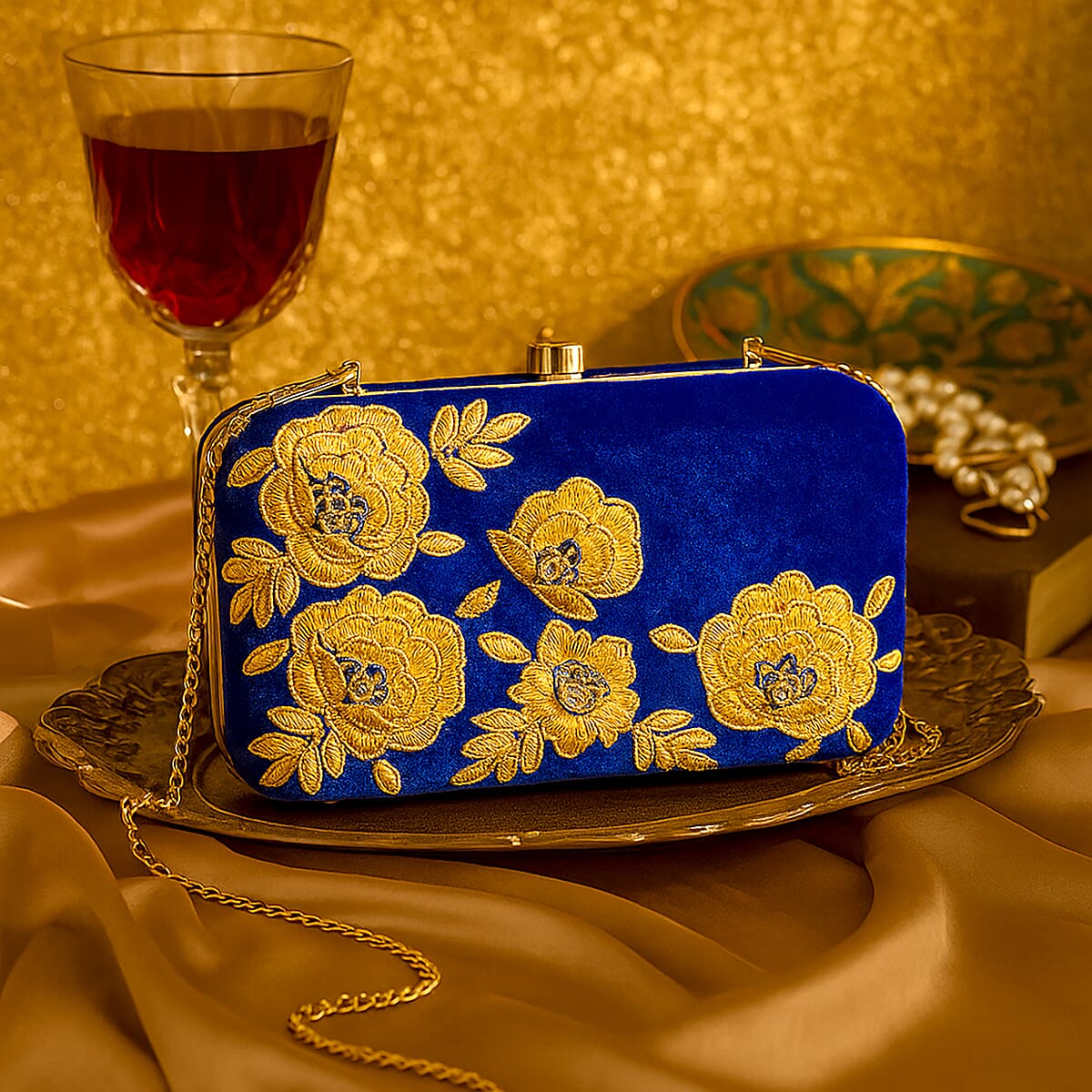 La Marey Royal Blue Velvet Bead Work Clutch Bag with Chain Strap image number 1