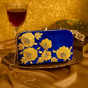 La Marey Royal Blue Velvet Bead Work Clutch Bag with Chain Strap