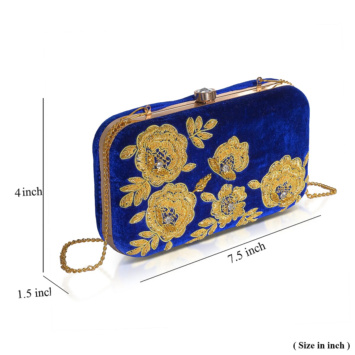 La Marey Royal Blue Velvet Bead Work Clutch Bag with Chain Strap image number 2