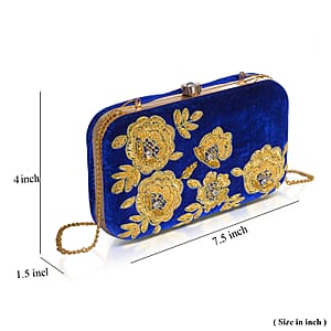 La Marey Royal Blue Velvet Bead Work Clutch Bag with Chain Strap