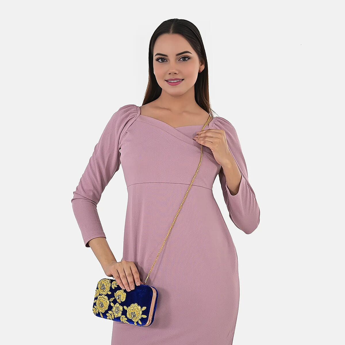 La Marey Royal Blue Velvet Bead Work Clutch Bag with Chain Strap image number 3