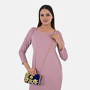 La Marey Royal Blue Velvet Bead Work Clutch Bag with Chain Strap