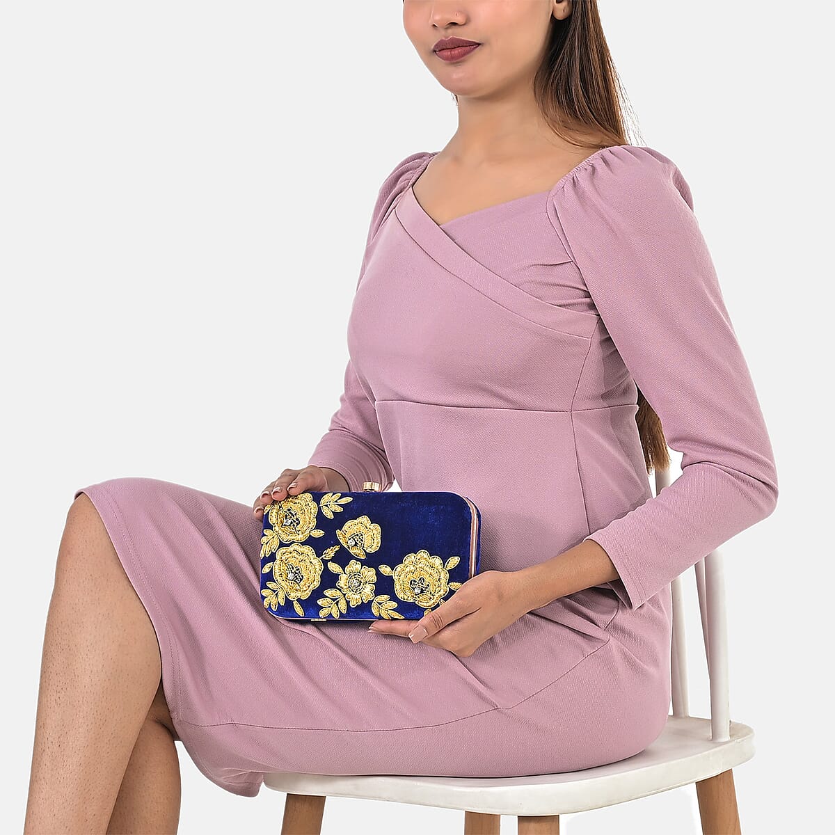 La Marey Royal Blue Velvet Bead Work Clutch Bag with Chain Strap image number 5