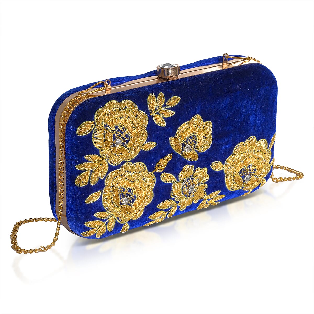 La Marey Royal Blue Velvet Bead Work Clutch Bag with Chain Strap image number 6