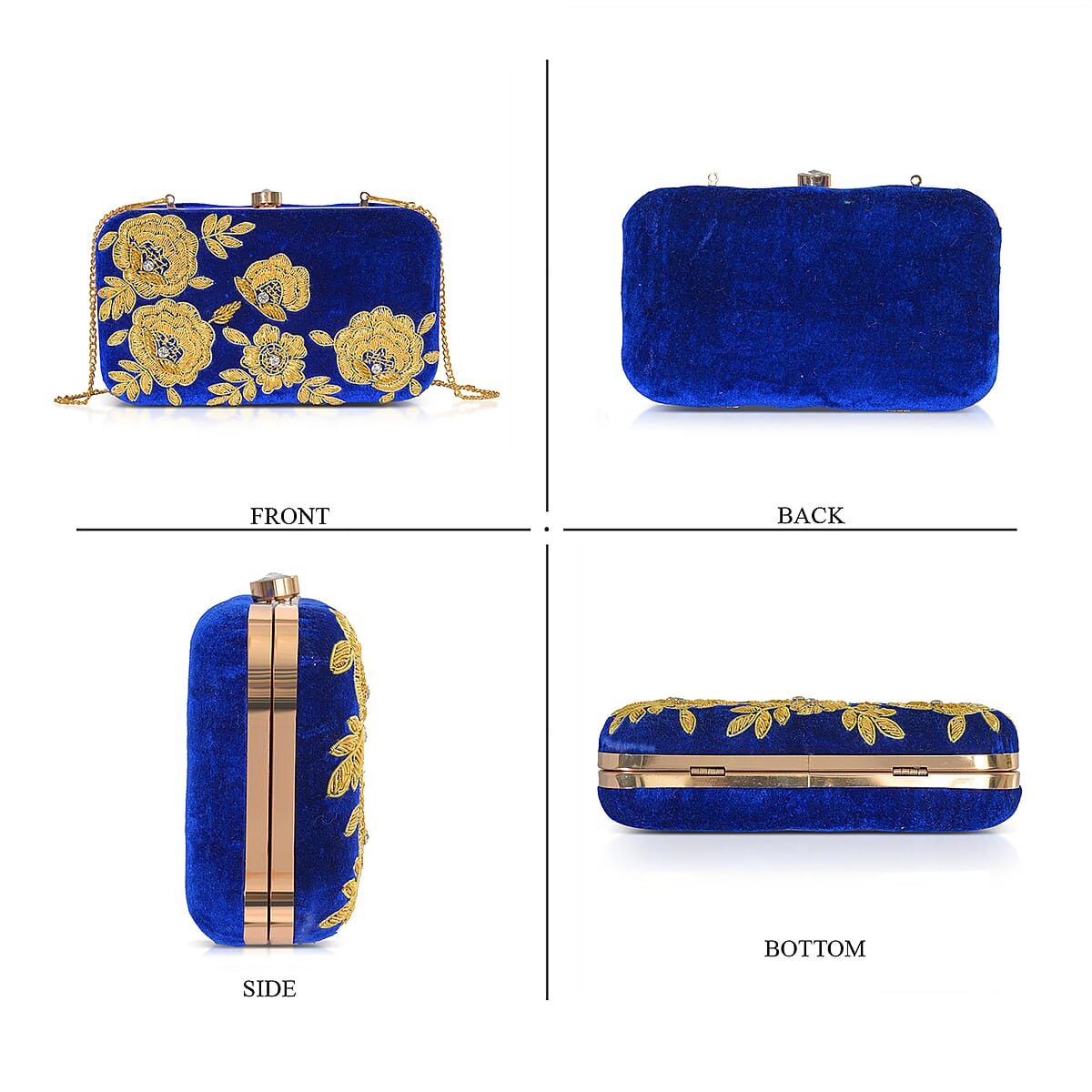 La Marey Royal Blue Velvet Bead Work Clutch Bag with Chain Strap image number 7