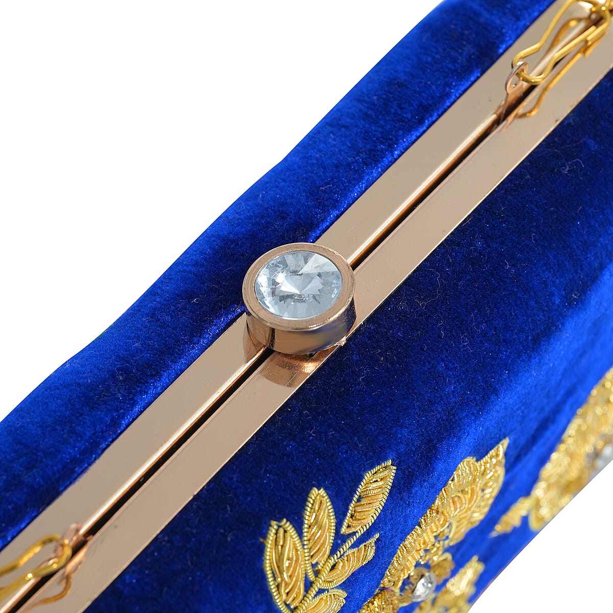La Marey Royal Blue Velvet Bead Work Clutch Bag with Chain Strap image number 8