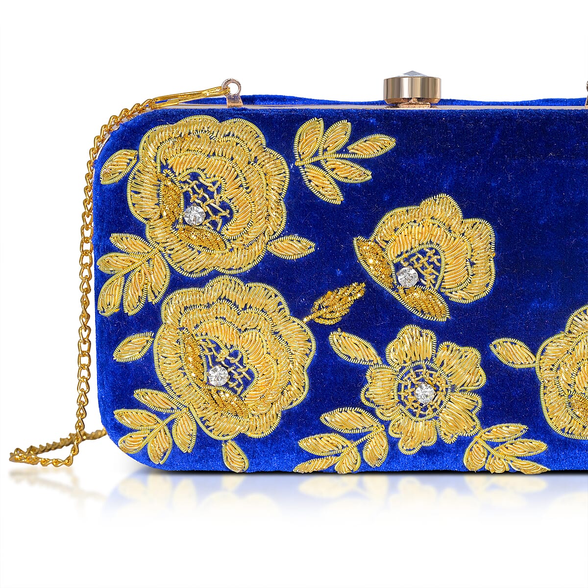 La Marey Royal Blue Velvet Bead Work Clutch Bag with Chain Strap image number 9