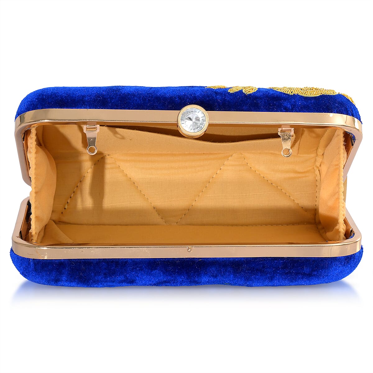 La Marey Royal Blue Velvet Bead Work Clutch Bag with Chain Strap image number 10