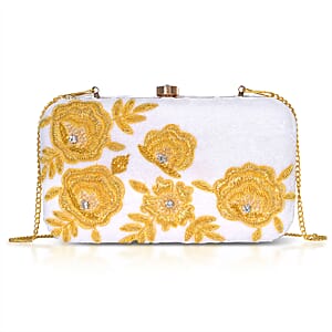 La Marey White Velvet Bead Work Clutch Bag with Chain Strap