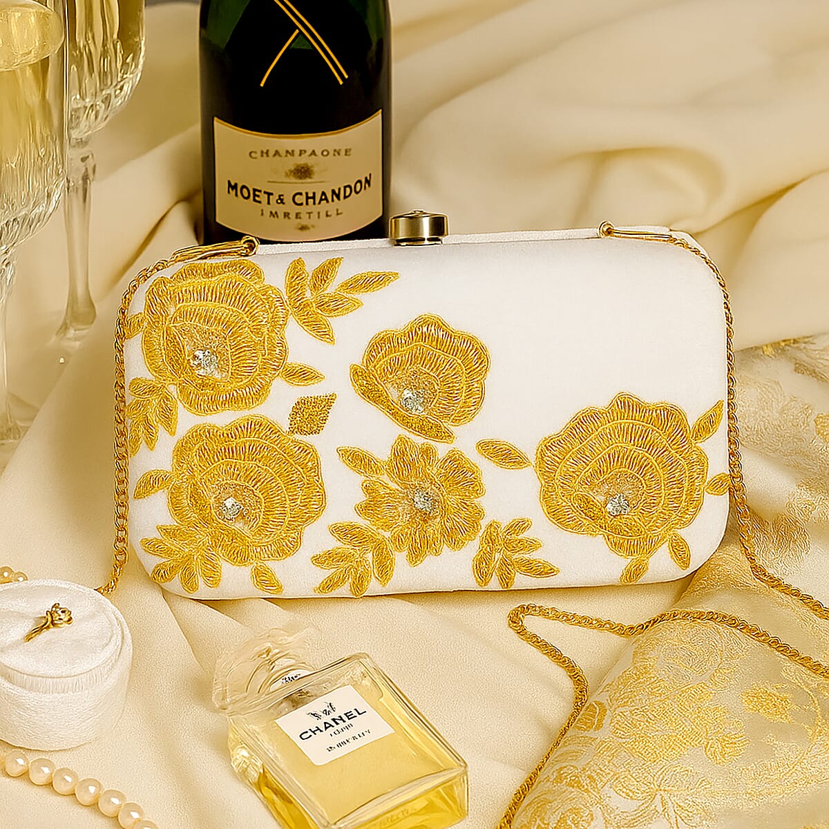 La Marey White Velvet Bead Work Clutch Bag with Chain Strap image number 1