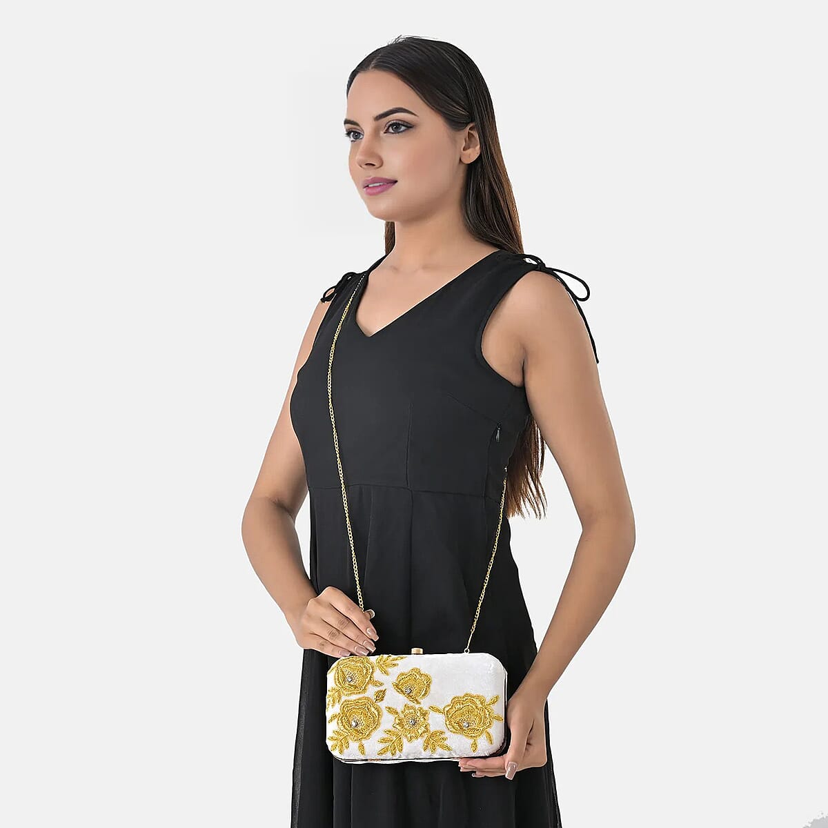 La Marey White Velvet Bead Work Clutch Bag with Chain Strap image number 3