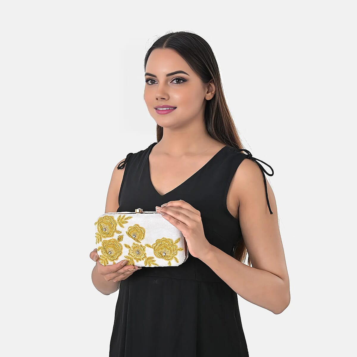 La Marey White Velvet Bead Work Clutch Bag with Chain Strap image number 4