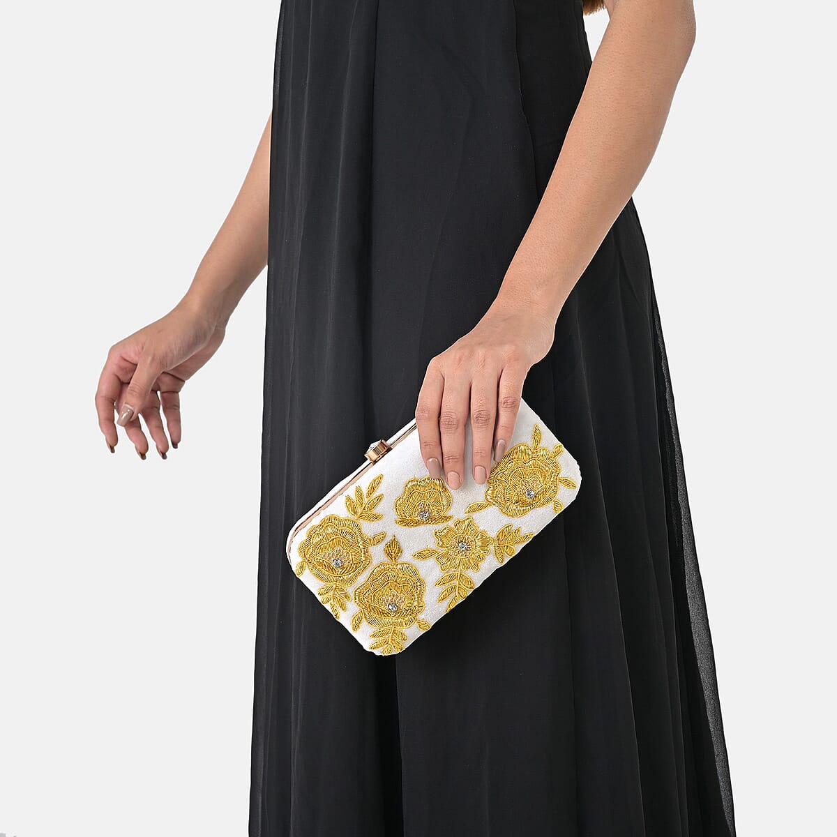 La Marey White Velvet Bead Work Clutch Bag with Chain Strap image number 5