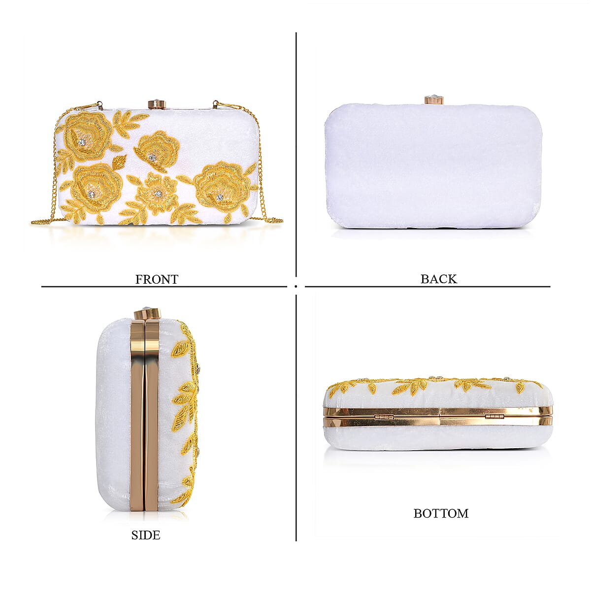 La Marey White Velvet Bead Work Clutch Bag with Chain Strap image number 7