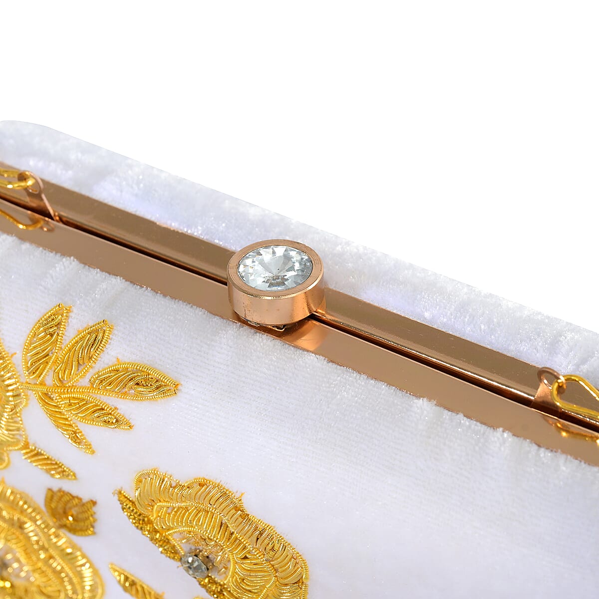 La Marey White Velvet Bead Work Clutch Bag with Chain Strap image number 8