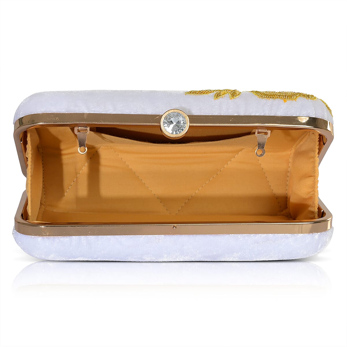 La Marey White Velvet Bead Work Clutch Bag with Chain Strap image number 10