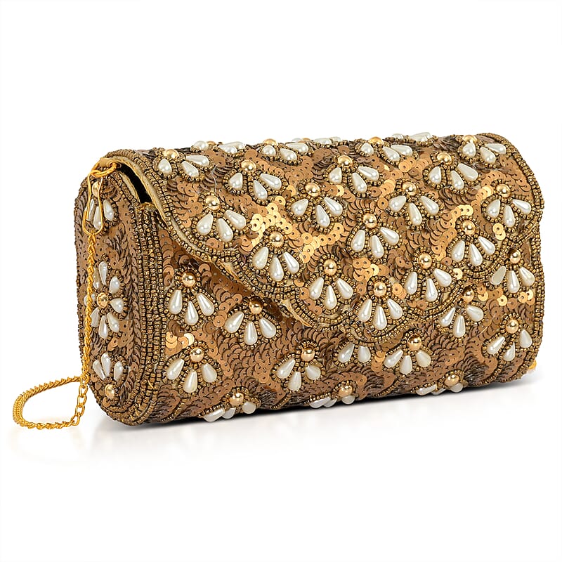 La Marey Beige Bead Work in Dupion Silk Sling Bag with Shoulder Chain Strap