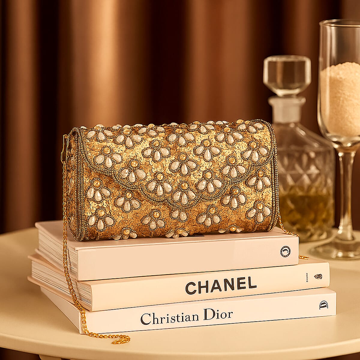 La Marey Beige Genuine Leather Bead Work in Dupion Silk Sling Bag with Shoulder Chain Strap image number 1