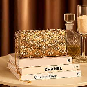 La Marey Beige Bead Work in Dupion Silk Sling Bag with Shoulder Chain Strap